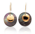 14k Yellow Gold Round Black Pearl Shell Drop Earrings