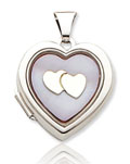 Mother of Pearl 14k White Gold Pink Hearts Locket