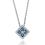 14K Diamond Blue Sapphire Deco Style Flower Pendant Necklace