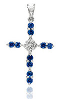 14K White Gold Blue Sapphire Diamond Cross Pendant
