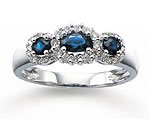 14k W Gold Blue Sapphire 1/4Ct Diamond Three Stone Ring